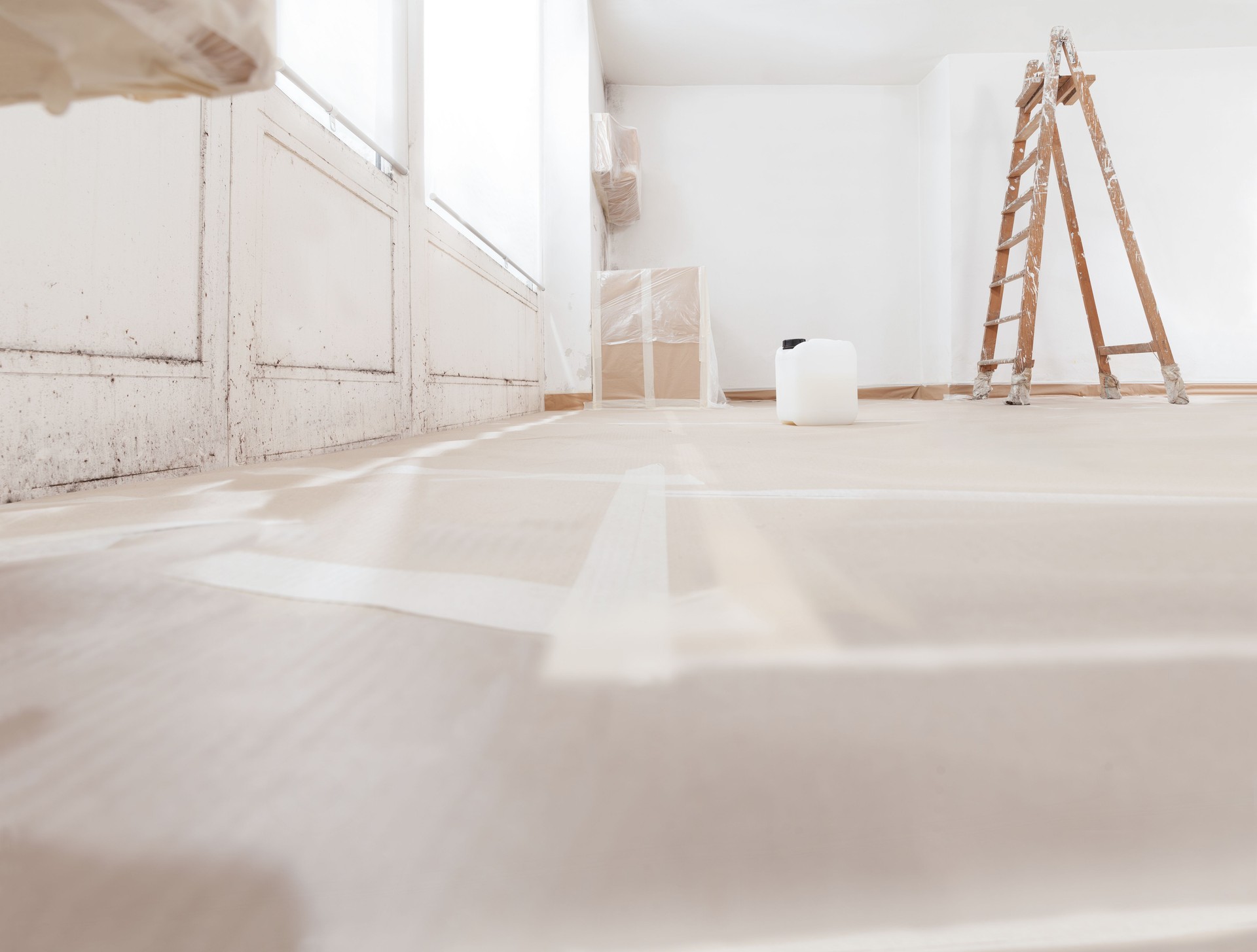 Home renovation site, ladder and jerrycan on floor, products for mold remediation and repainting walls. Concept of home refurbishment and mold removal service, promotional advertising with copy space